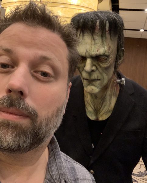 Sawney Hatton in front of Frankenstein's monster